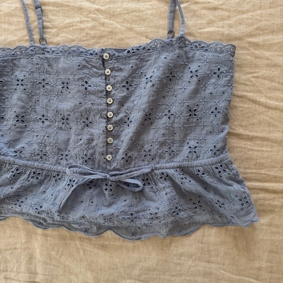 Aerie Blue Eyelet Lace Smocked Tank Top Cotton Blouse Small - Picture 3 of 5